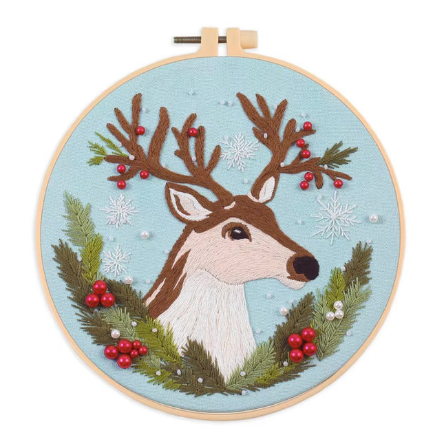 3D Snow Tree Deer Christmas Embroidery Kit with EN Instructions,Needle,Thread,Stamped Cloth for Holiday Gift
