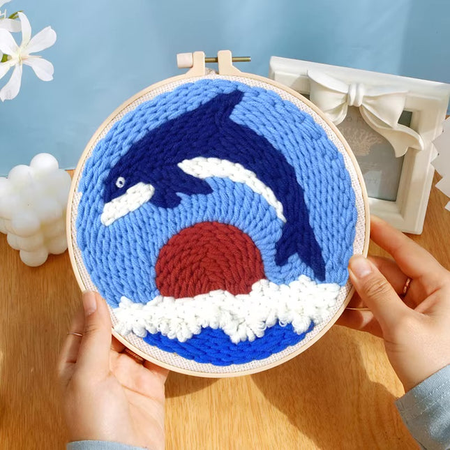﻿ Punch Poke Needle Embroidery Starter Kits Craft Dolphin Swan Flamingo Kids Children Funny Easy DIY Needlework Set For Beginner