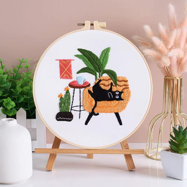 Embroidery Kit for Beginners DIY Adult Beginner Embroidery Kits with Cat Plant Flower Pattern Needles Threads Instructions