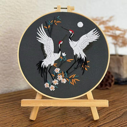 Flying Crane Flowers Pattern Embroidery Kit with Instructions Needles Thread Stamped Clothes for Room Decor