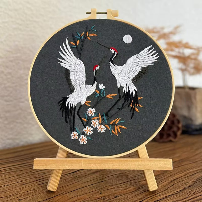 Flying Crane Flowers Pattern Embroidery Kit with Instructions Needles Thread Stamped Clothes for Room Decor