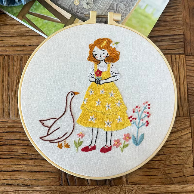 Cute Girl and Animal Embroidery Kit with Stamped Cloth, Needle,CN EN Instructions, Thread DIY Craft Kit