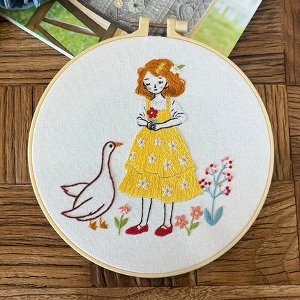 Cute Girl and Animal Embroidery Kit with Stamped Cloth, Needle,CN EN Instructions, Thread DIY Craft Kit