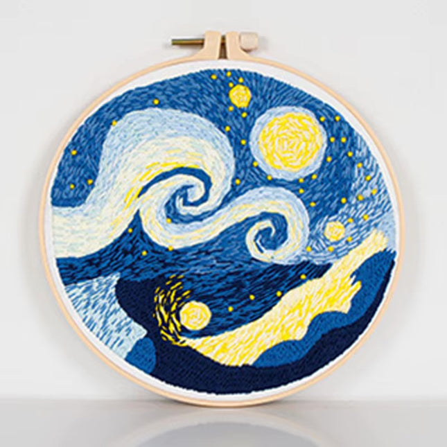 Embroidery Starter Kit for Adults Beginners with Van Gogh Starry Night Pattern Stamped Cross Stitch Set Cloth Hoop Needles