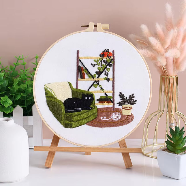 Embroidery Kit for Beginners DIY Adult Beginner Embroidery Kits with Cat Plant Flower Pattern Needles Threads Instructions