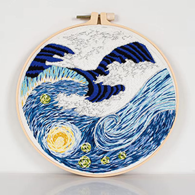 Embroidery Starter Kit for Adults Beginners with Van Gogh Starry Night Pattern Stamped Cross Stitch Set Cloth Hoop Needles