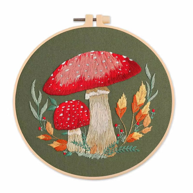Mushroom Embroidery Kit DIY Needlework Free Happy Needlecraft for Beginner Cross Stitch Artcraft Tools Punch Needle Hoop Ring