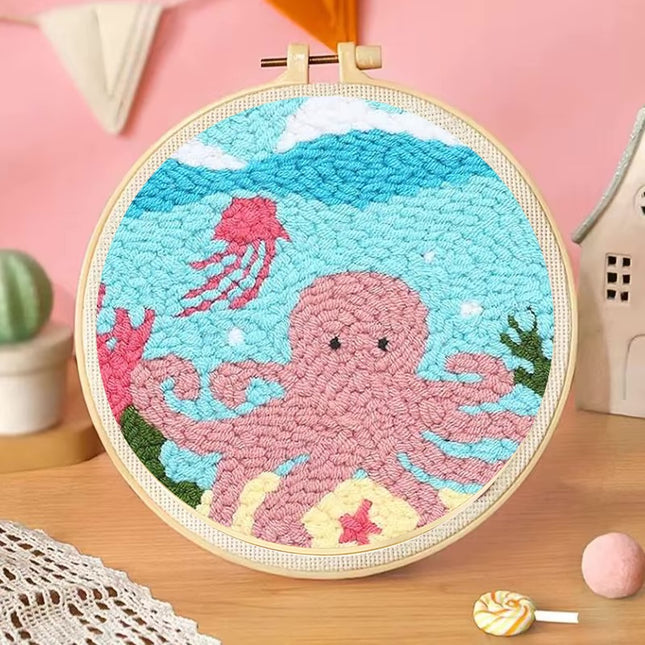 CHENISTORY Cute Cartoon Marine Animal Punch Needle Embroidery Kit for Beginners Soft Yarn Needlework Embroidery Set Home Decor