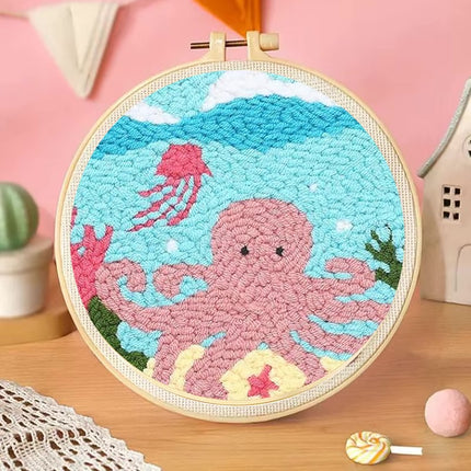 CHENISTORY Cute Cartoon Marine Animal Punch Needle Embroidery Kit for Beginners Soft Yarn Needlework Embroidery Set Home Decor