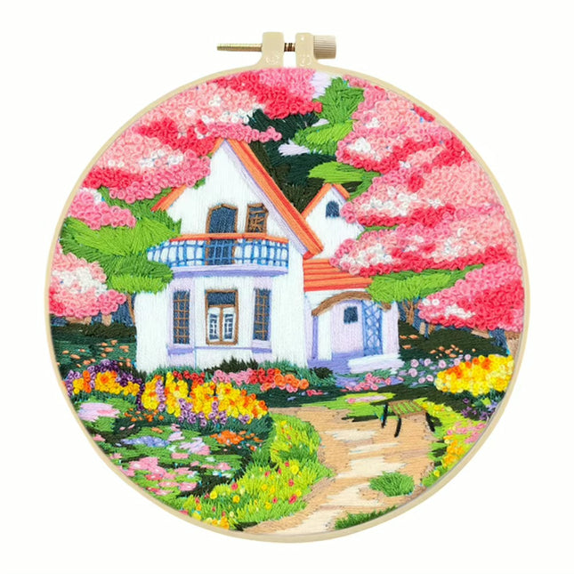 Landscape Stamped Cross Stitch Embroidery Kits with Hoop Cloth Color Thread