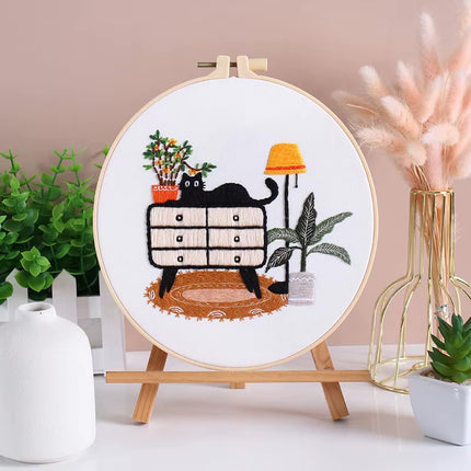 Embroidery Kit for Beginners DIY Adult Beginner Embroidery Kits with Cat Plant Flower Pattern Needles Threads Instructions