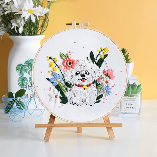 Cute Dog with Flower Pattern Embroidery Kit with EN Instructions,Thread, Needle, Stamped Cloth for DIY Craft