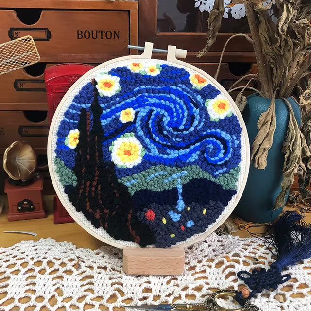 CHENISTORY Cartoon Landscape Punch Needle Embroidery Kit for Beginners Soft Yarn Needlework Embroidery Set Home Decor