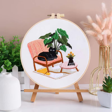 Embroidery Kit for Beginners DIY Adult Beginner Embroidery Kits with Cat Plant Flower Pattern Needles Threads Instructions