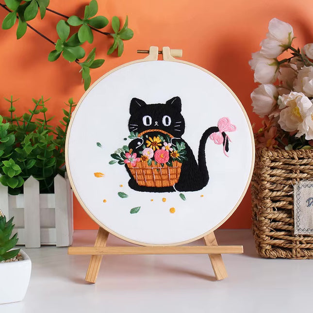 Moon and Black Cat Flower Embroidery Kit with Stamped Cloth,Thread, Needle, EN Instructions DIY Craft Present Teenager
