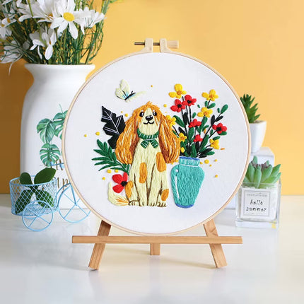 Cute Dog with Flower Pattern Embroidery Kit with EN Instructions,Thread, Needle, Stamped Cloth for DIY Craft