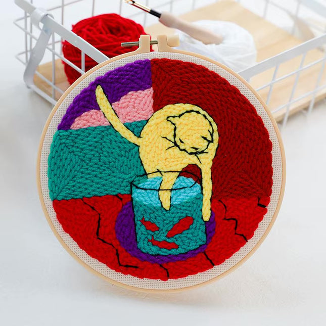 Punch Needle Starter Kit Animal Cat Floral Rug Hooking Beginner Set Adjustable Embroidery Pen Hoop for Kids Adults Craft Gift