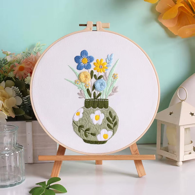Flower in Vase Fresh Graceful Embroidery Kit with Pre-printed Pattern, EN Instructions,Needle,Thread for Room Decor Gift