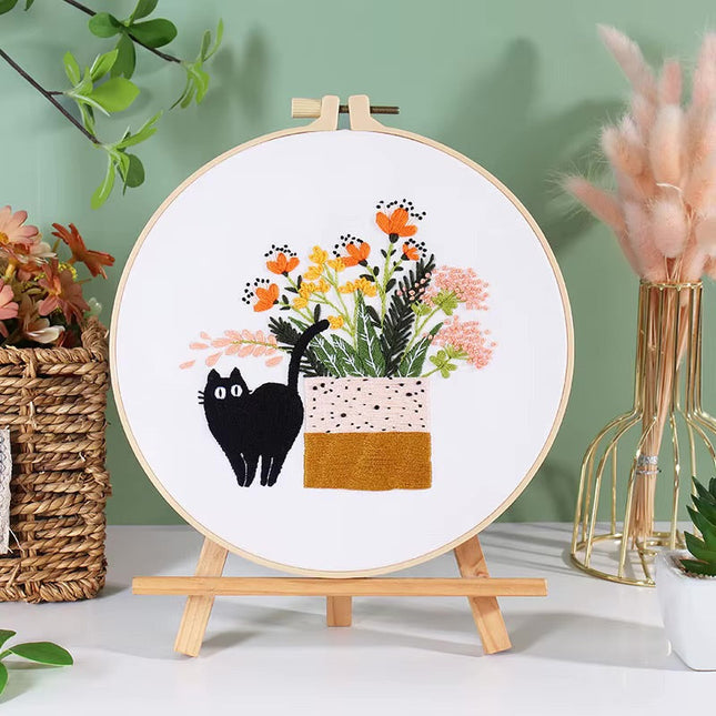 Embroidery Kit for Beginners DIY Adult Beginner Embroidery Kits with Cat Plant Flower Pattern Needles Threads Instructions
