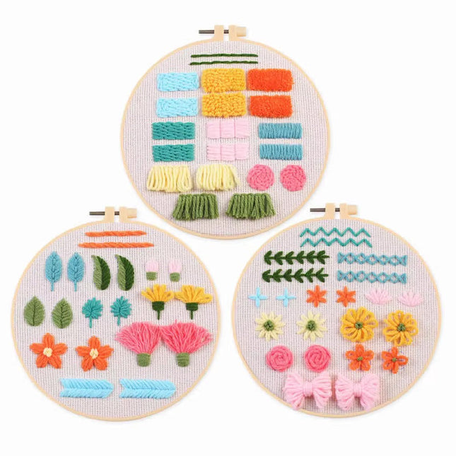 3pcs set Practice Set Punch Needle Embroidery Kit for Beginners Including Fabric with Pre-Printed Pattern, Hoop, Yarns and Tools