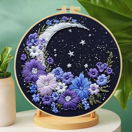1 piece embroidery kit, 20x20cm/7.9x7.9 inches, flower and moon, handmade DIY embroidery kit suitable for adults and beginners,