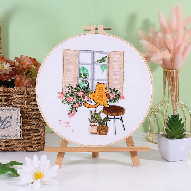 Embroidery Kit for Beginners DIY Adult Beginner Embroidery Kits with Cat Plant Flower Pattern Needles Threads Instructions